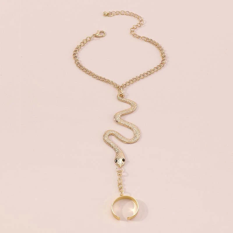 Serpent Queen Hand Chain – Gothic Snake Bracelet Ring in Gold & Silver