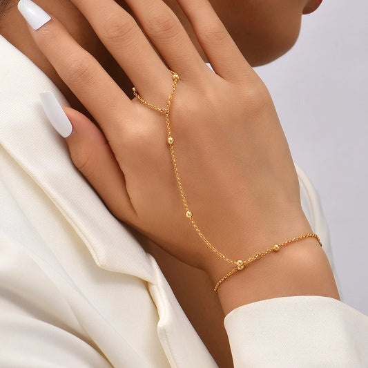 Golden Glow Hand Harness – Delicate Beaded Finger Bracelet for Women