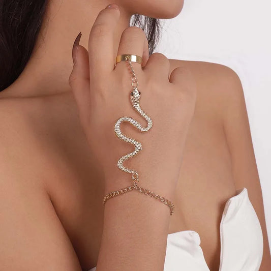 Serpent Queen Hand Chain – Gothic Snake Bracelet Ring in Gold & Silver