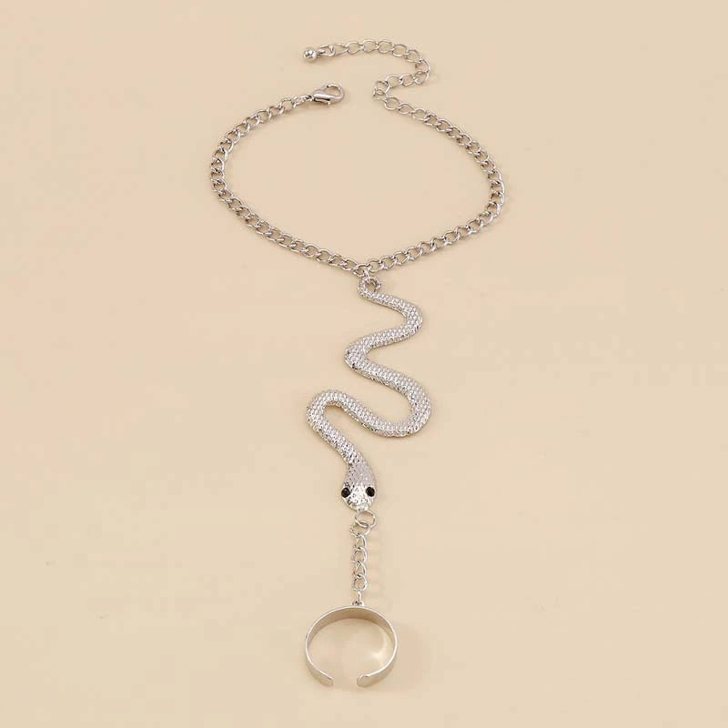 Serpent Queen Hand Chain – Gothic Snake Bracelet Ring in Gold & Silver